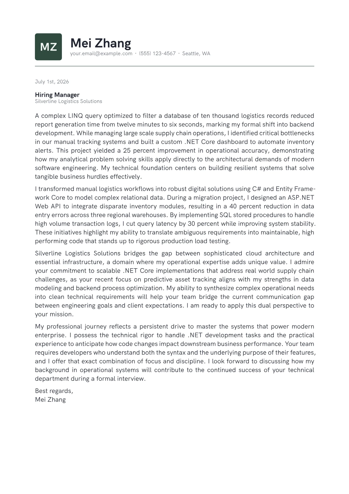 .NET Developer cover letter in the Emblem design