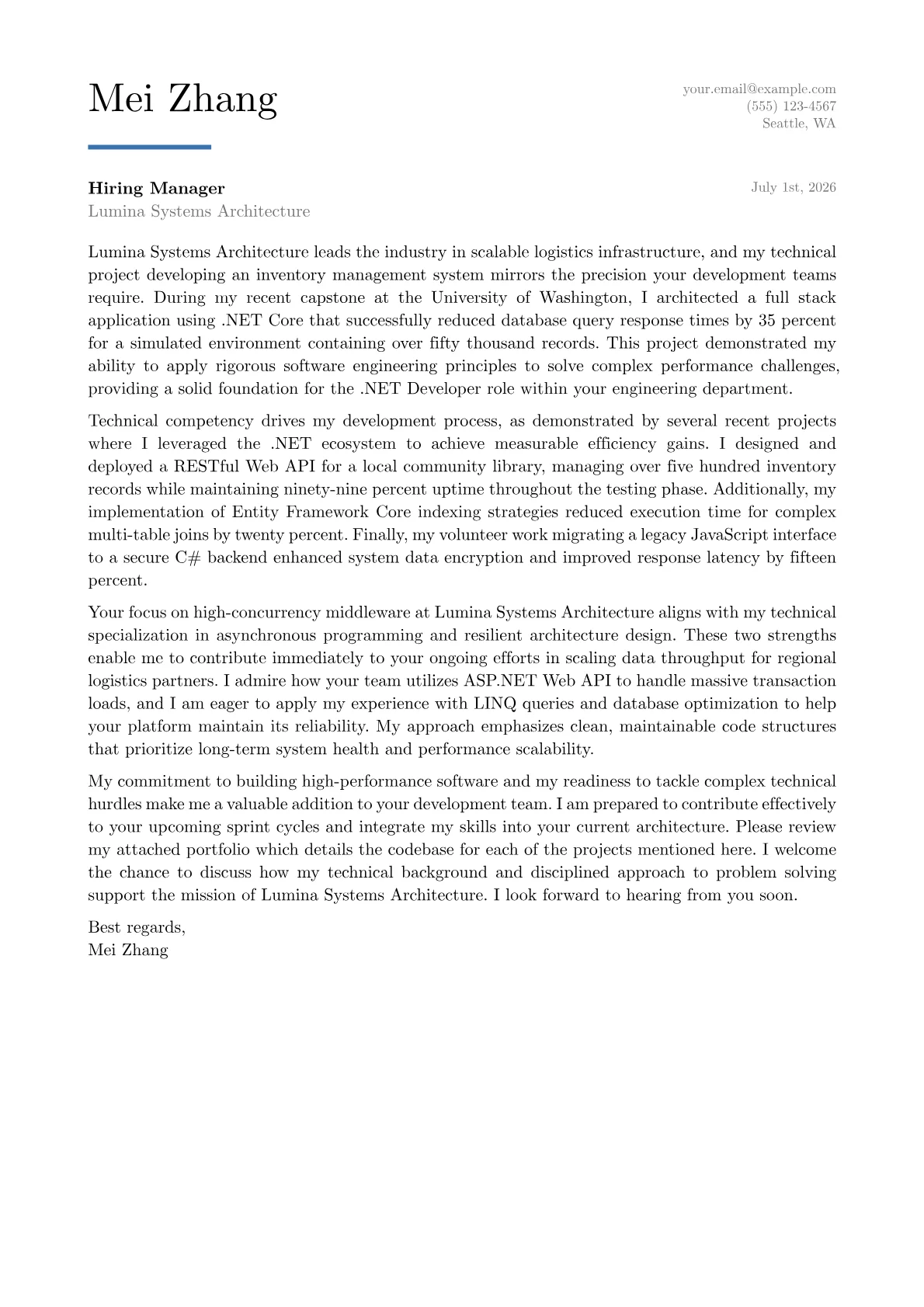 .NET Developer cover letter in the Executive design