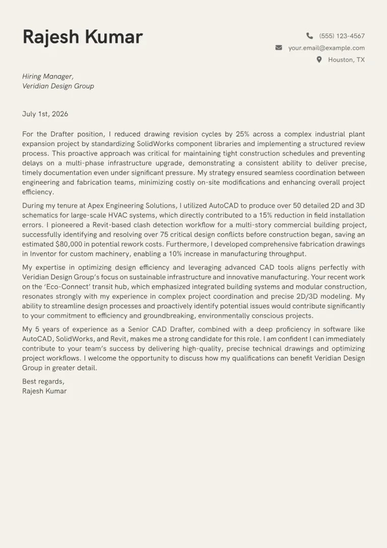 Drafter Cover Letter Example