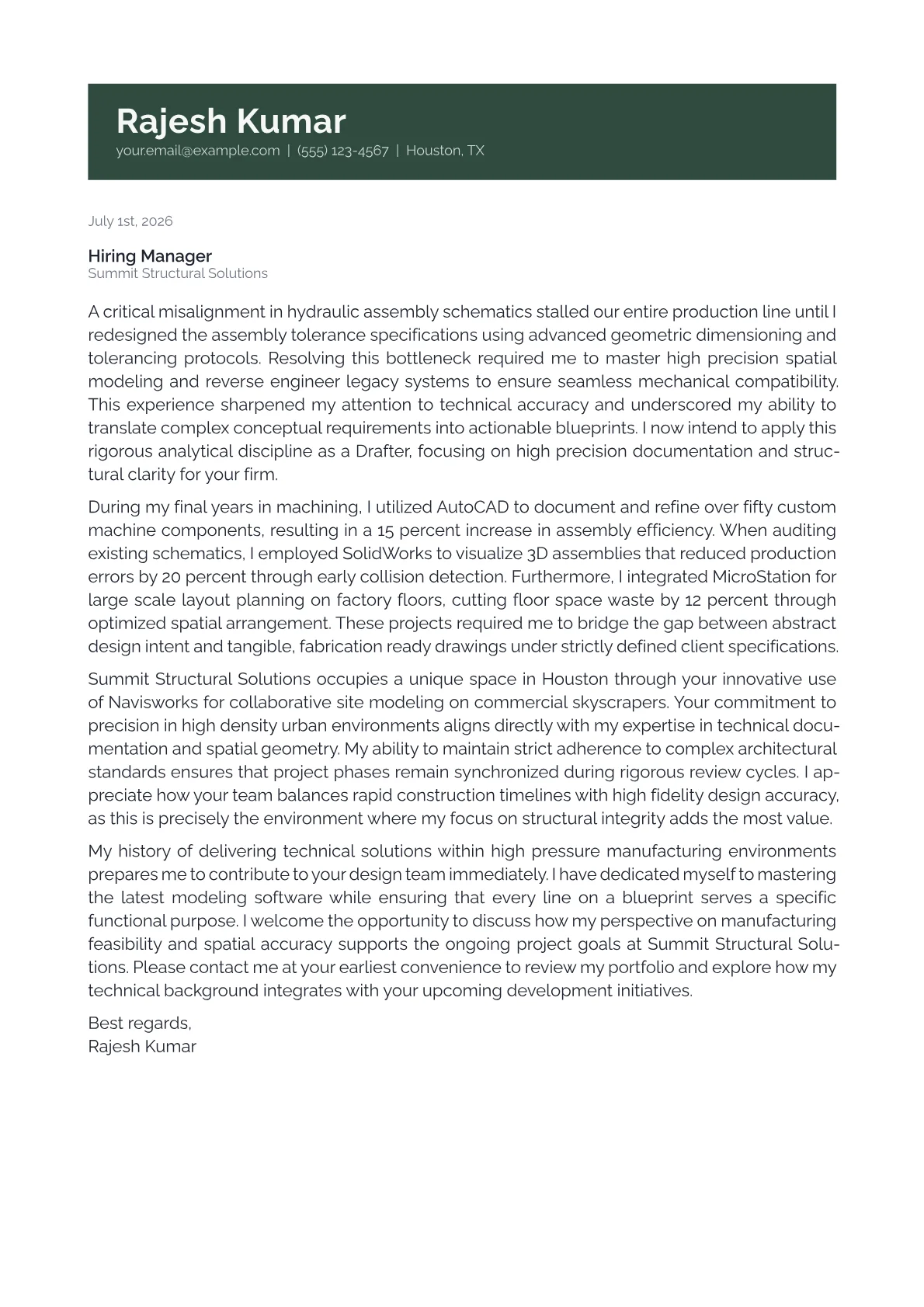 Drafter cover letter in the Banner design