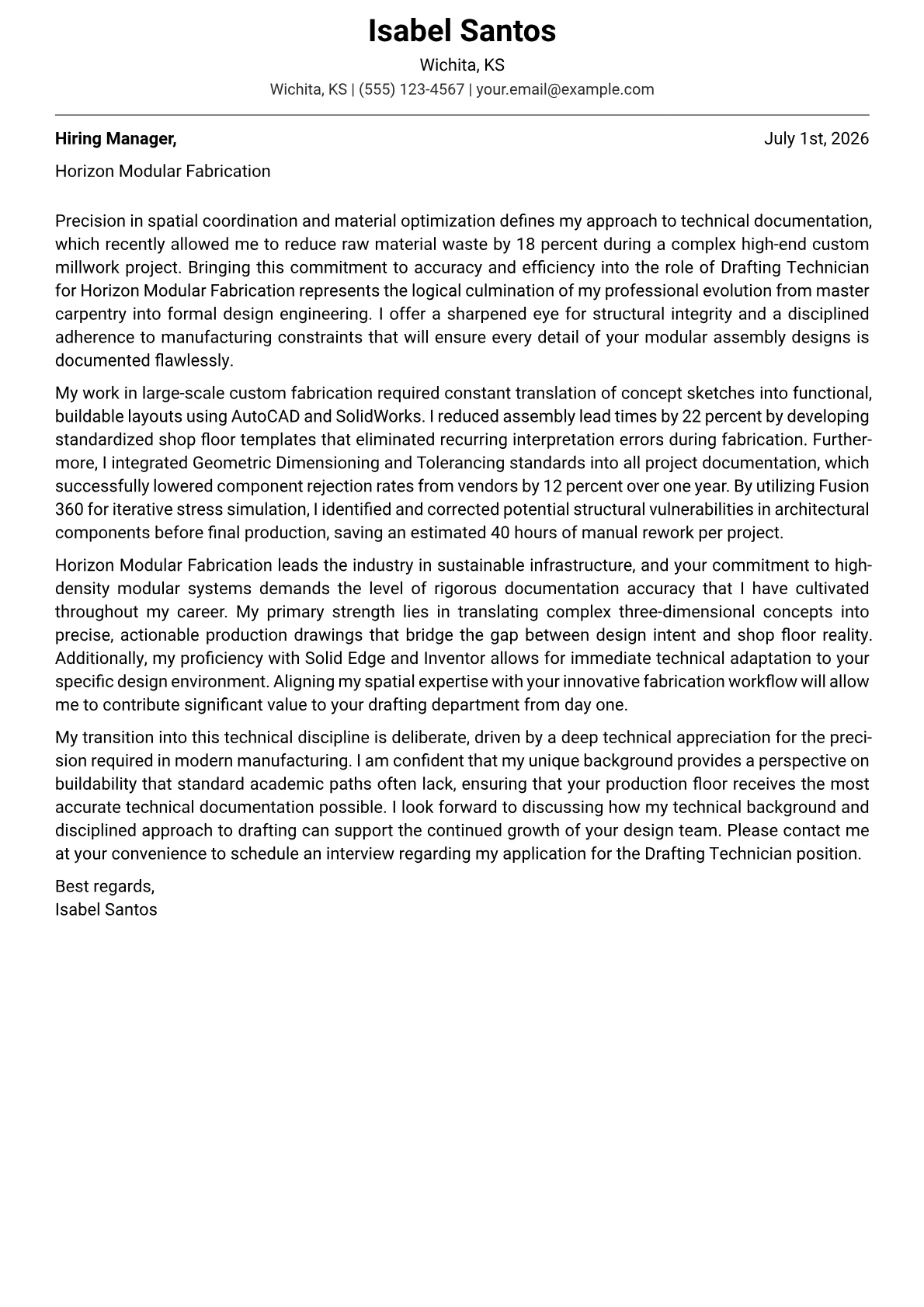 Drafting Technician cover letter in the Modern design