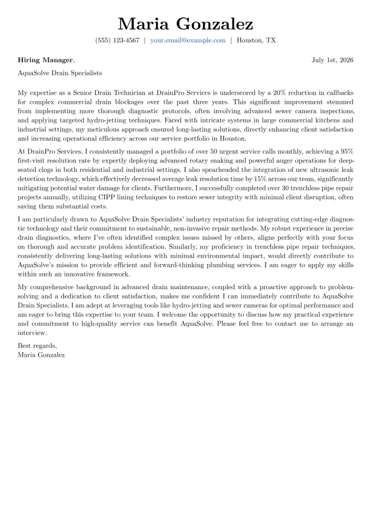 Drain Technician cover letter example