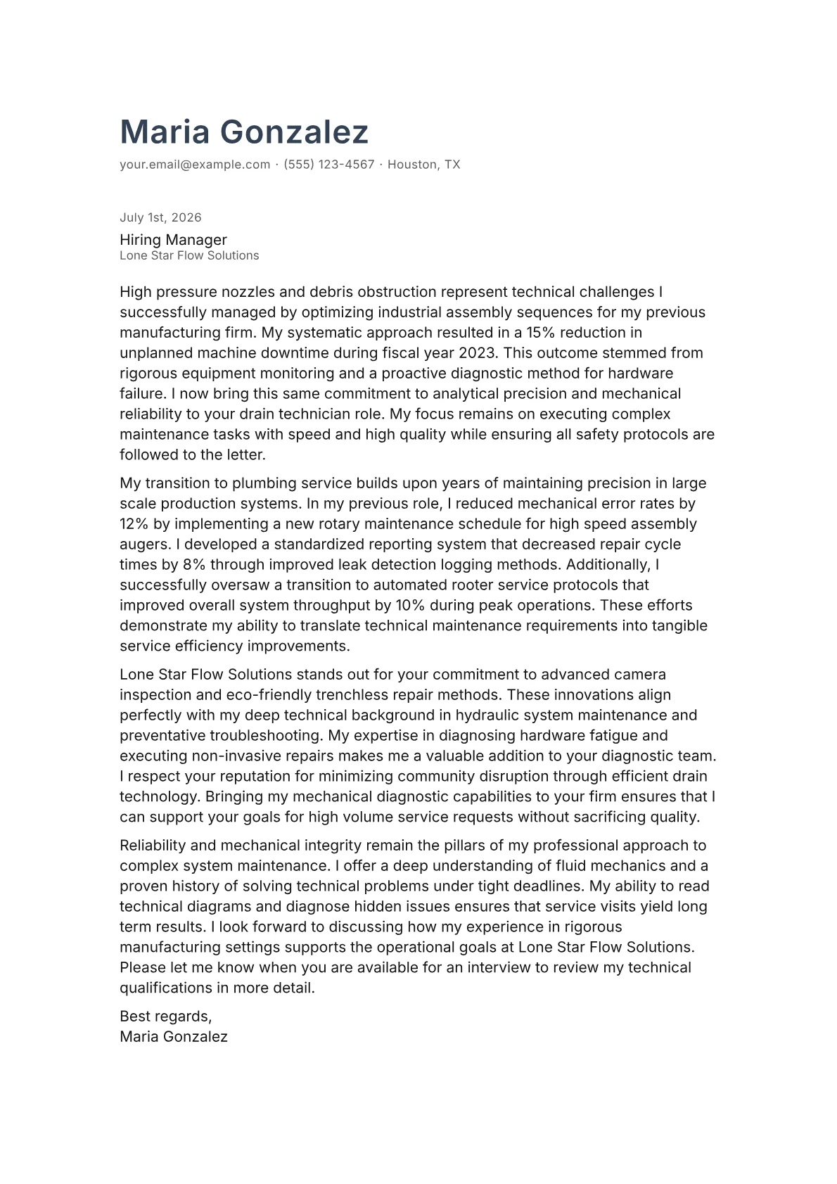 Drain Technician cover letter in the Minimal design