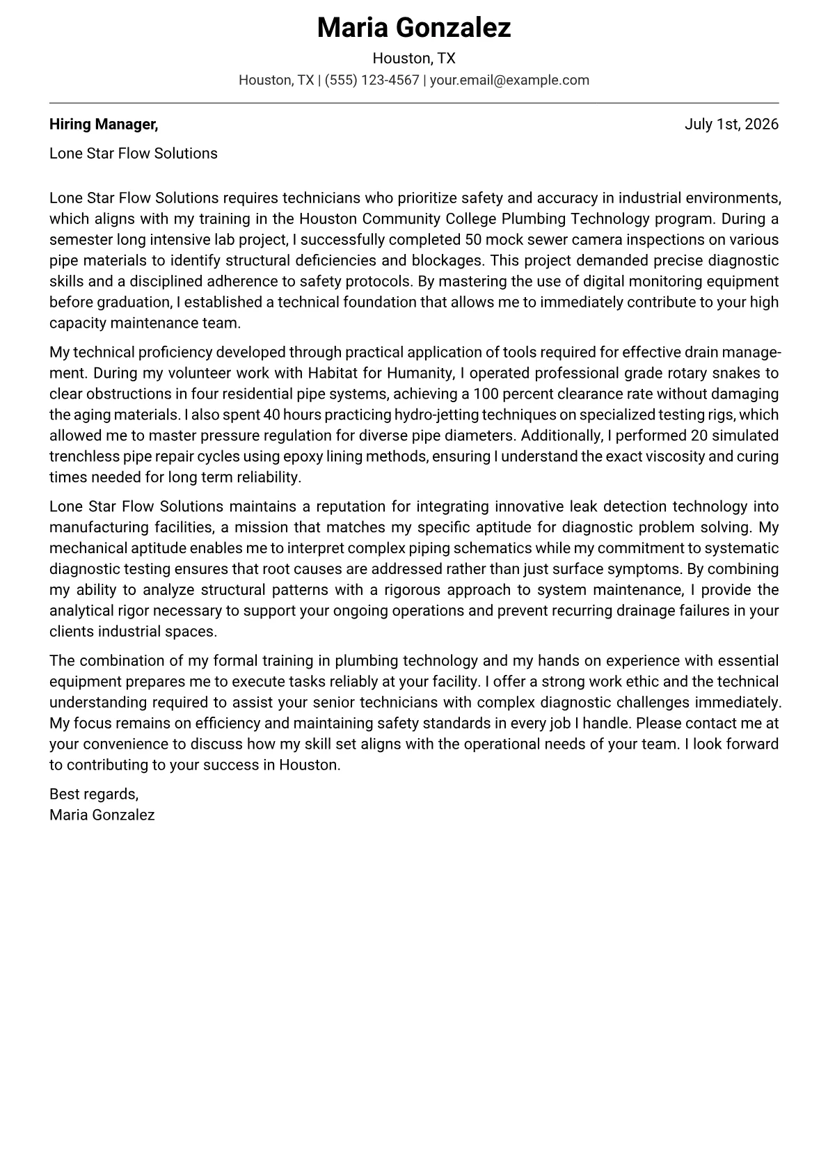 Drain Technician cover letter in the Modern design