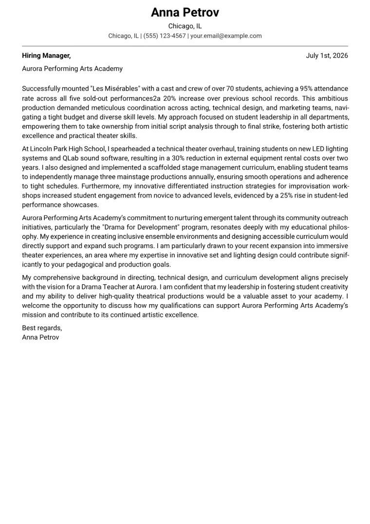 Drama Teacher cover letter example preview