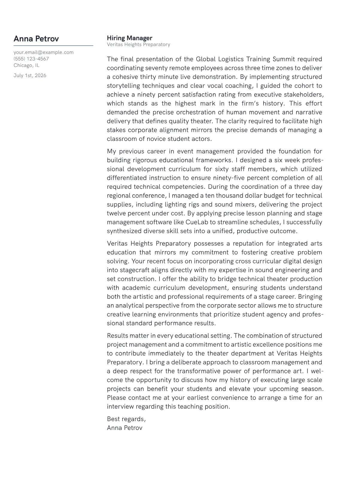 Drama Teacher cover letter in the Margin design