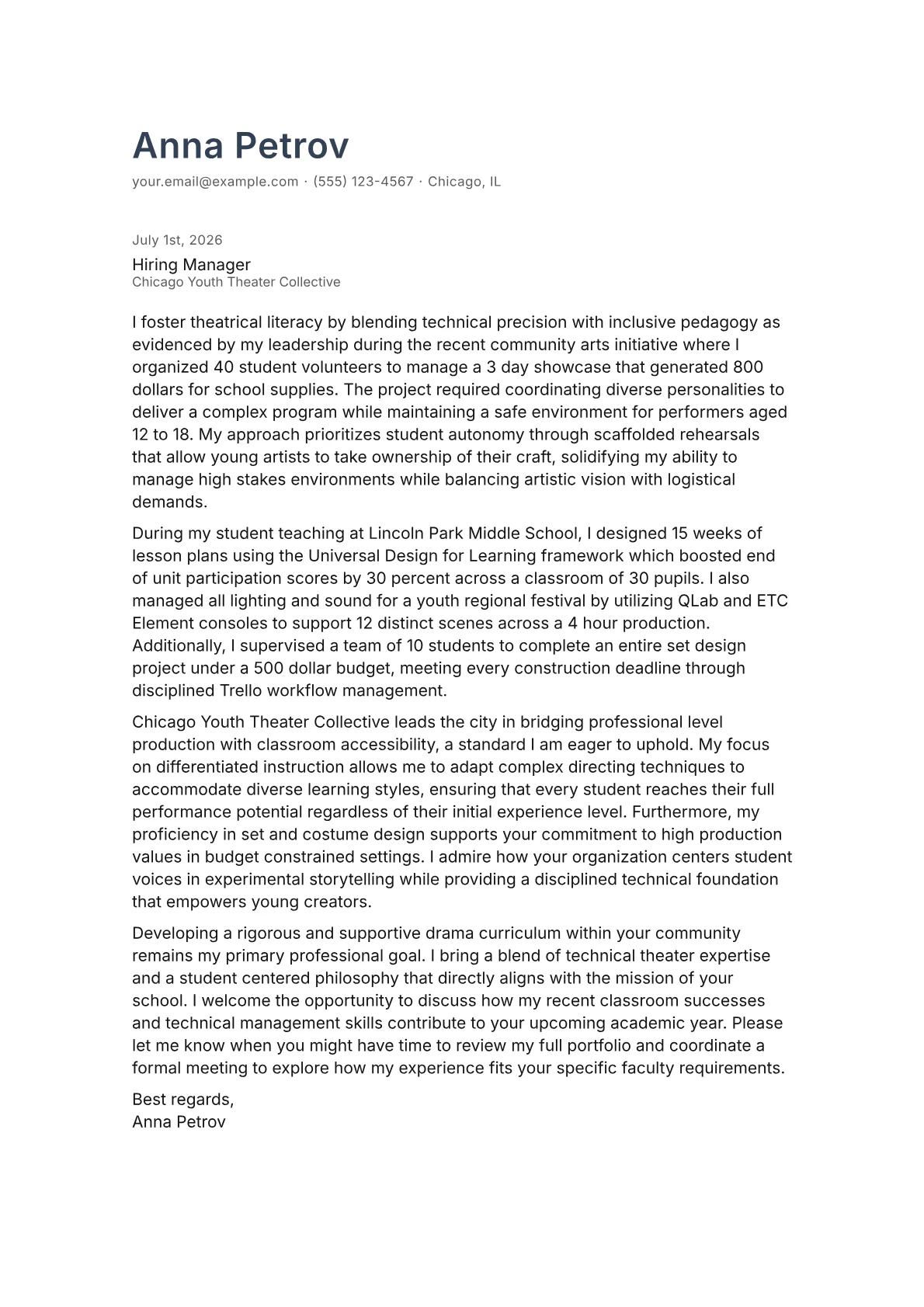 Drama Teacher cover letter in the Minimal design