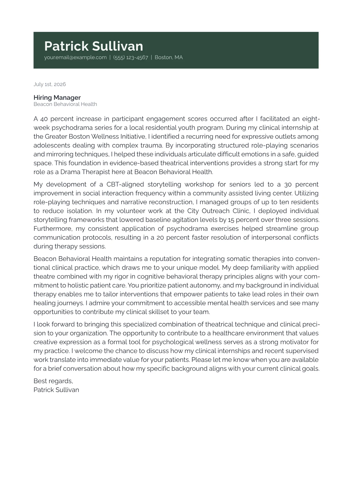 Drama Therapist cover letter in the Banner design