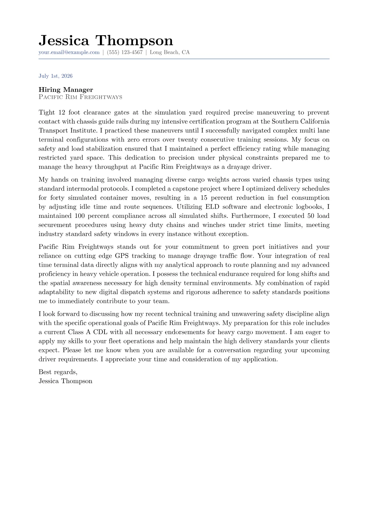 Drayage Driver cover letter in the Classic design