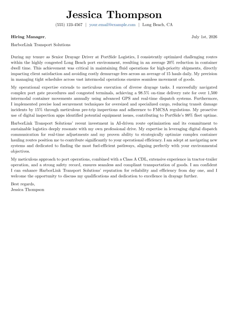Drayage Driver cover letter example preview