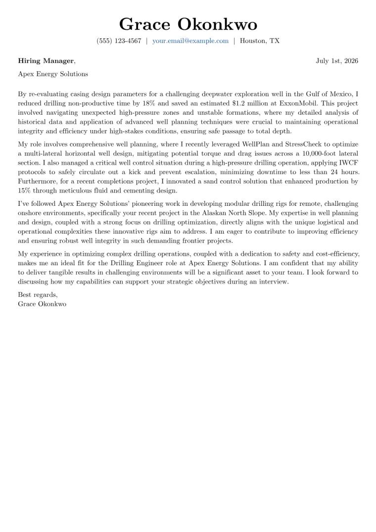 Drilling Engineer Cover Letter Example
