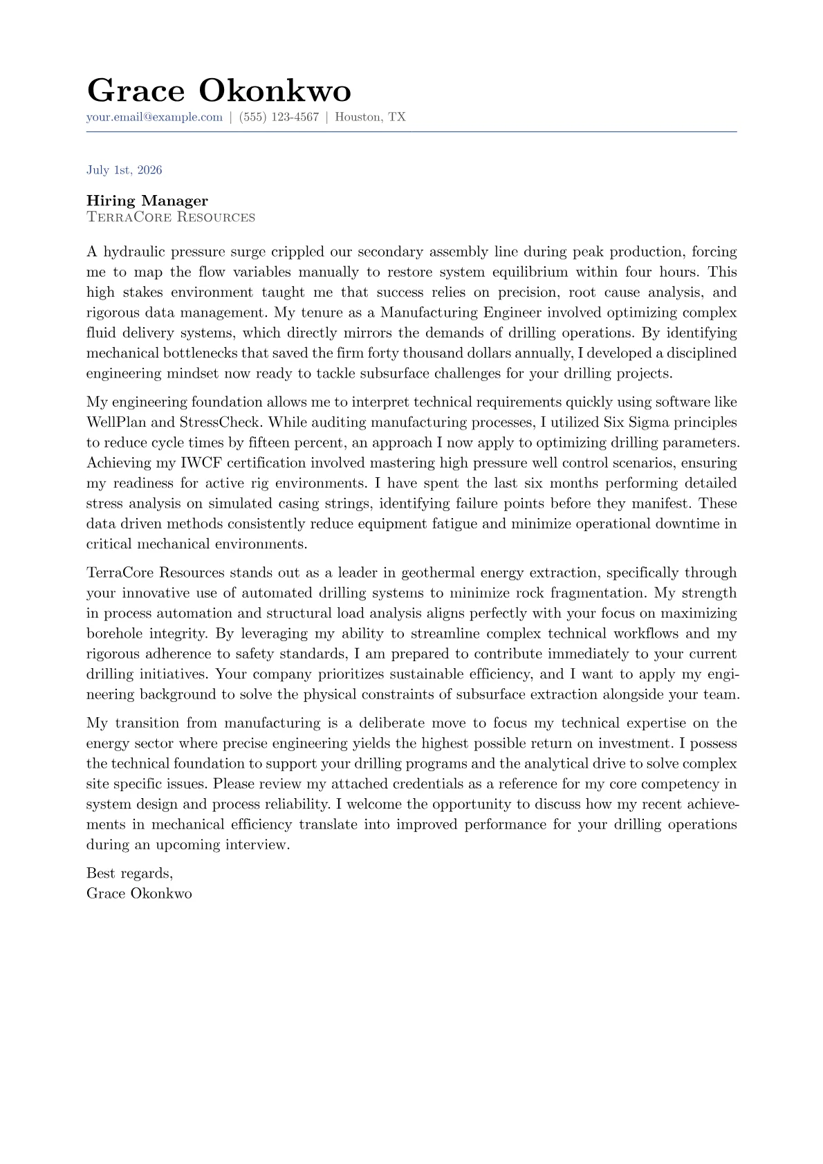 Drilling Engineer cover letter in the Classic design