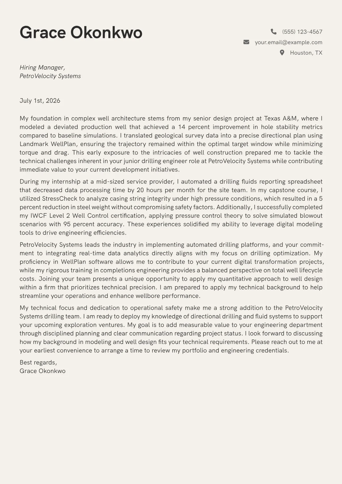 Drilling Engineer cover letter in the Creative design