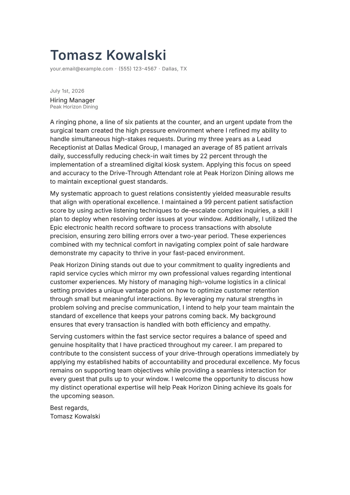 Drive-Through Attendant cover letter in the Minimal design