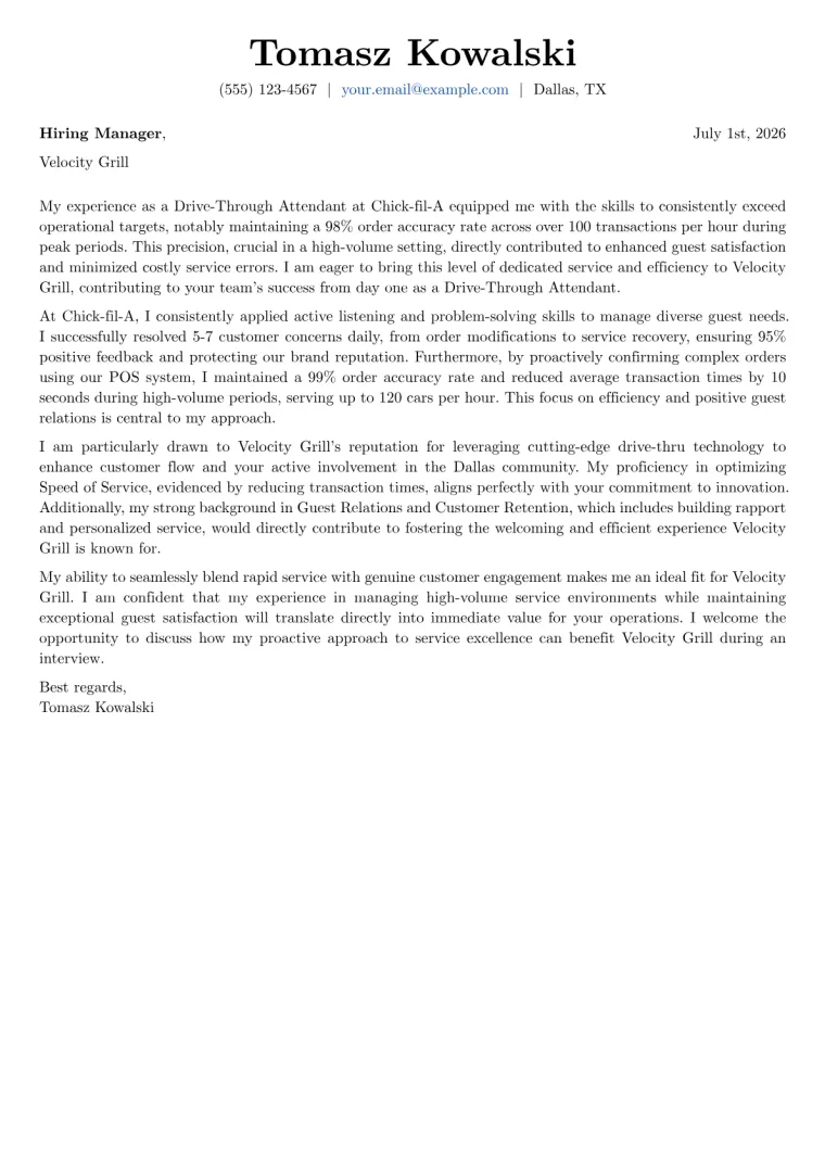 Drive-Through Attendant cover letter example preview