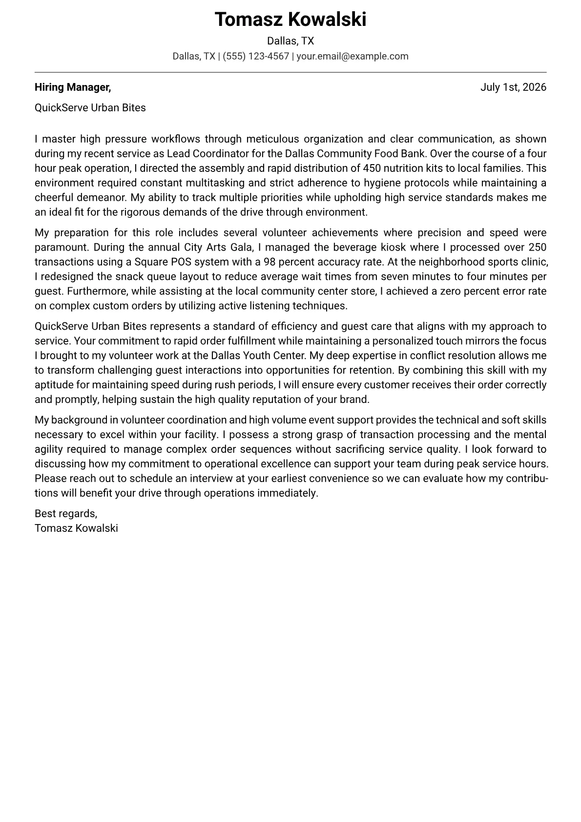 Drive-Through Attendant cover letter in the Modern design