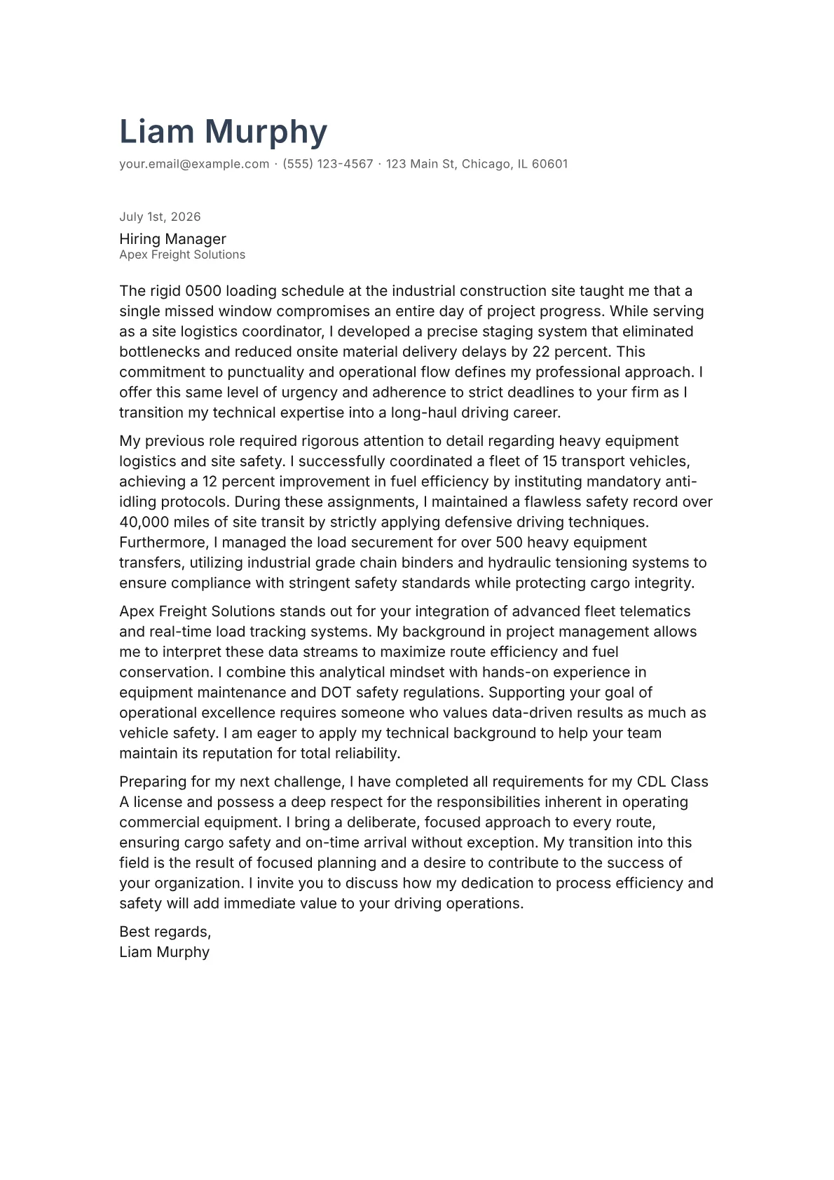 Driver cover letter in the Minimal design
