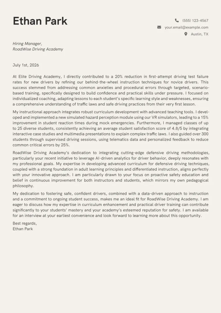 Driver Education Teacher cover letter example preview