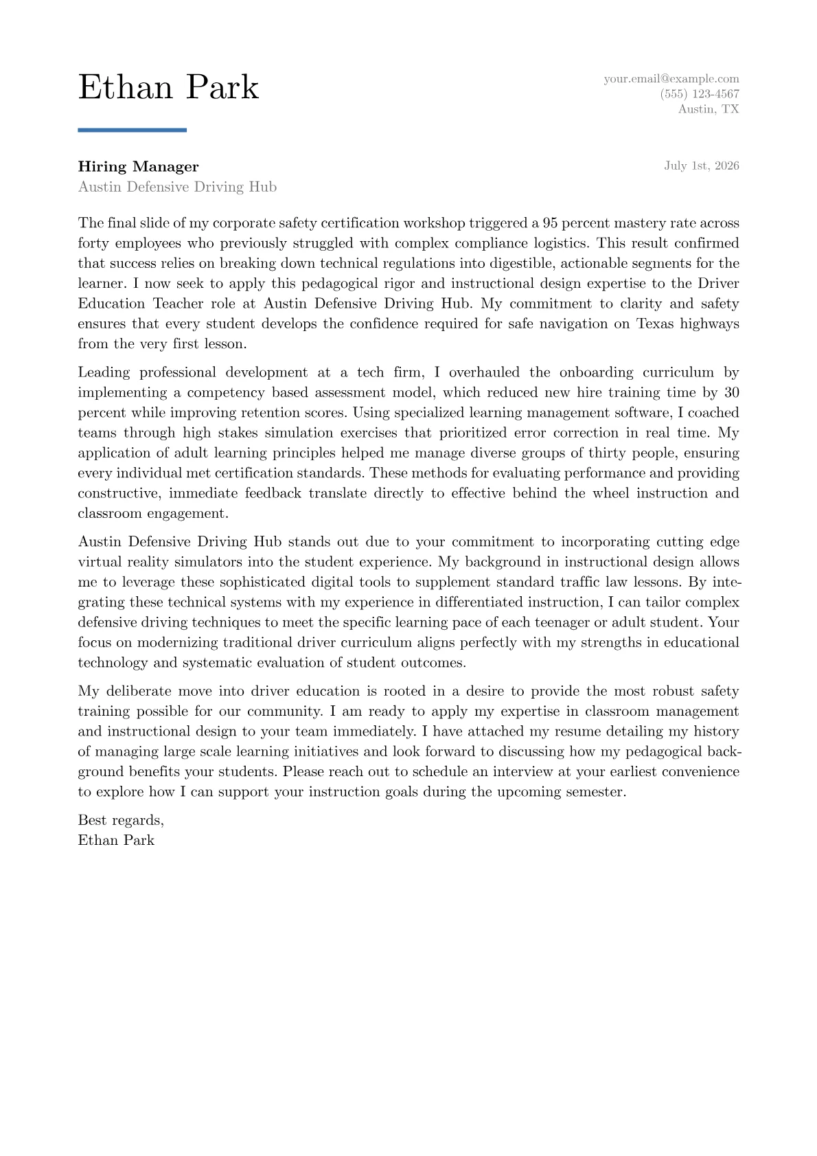 Driver Education Teacher cover letter in the Executive design