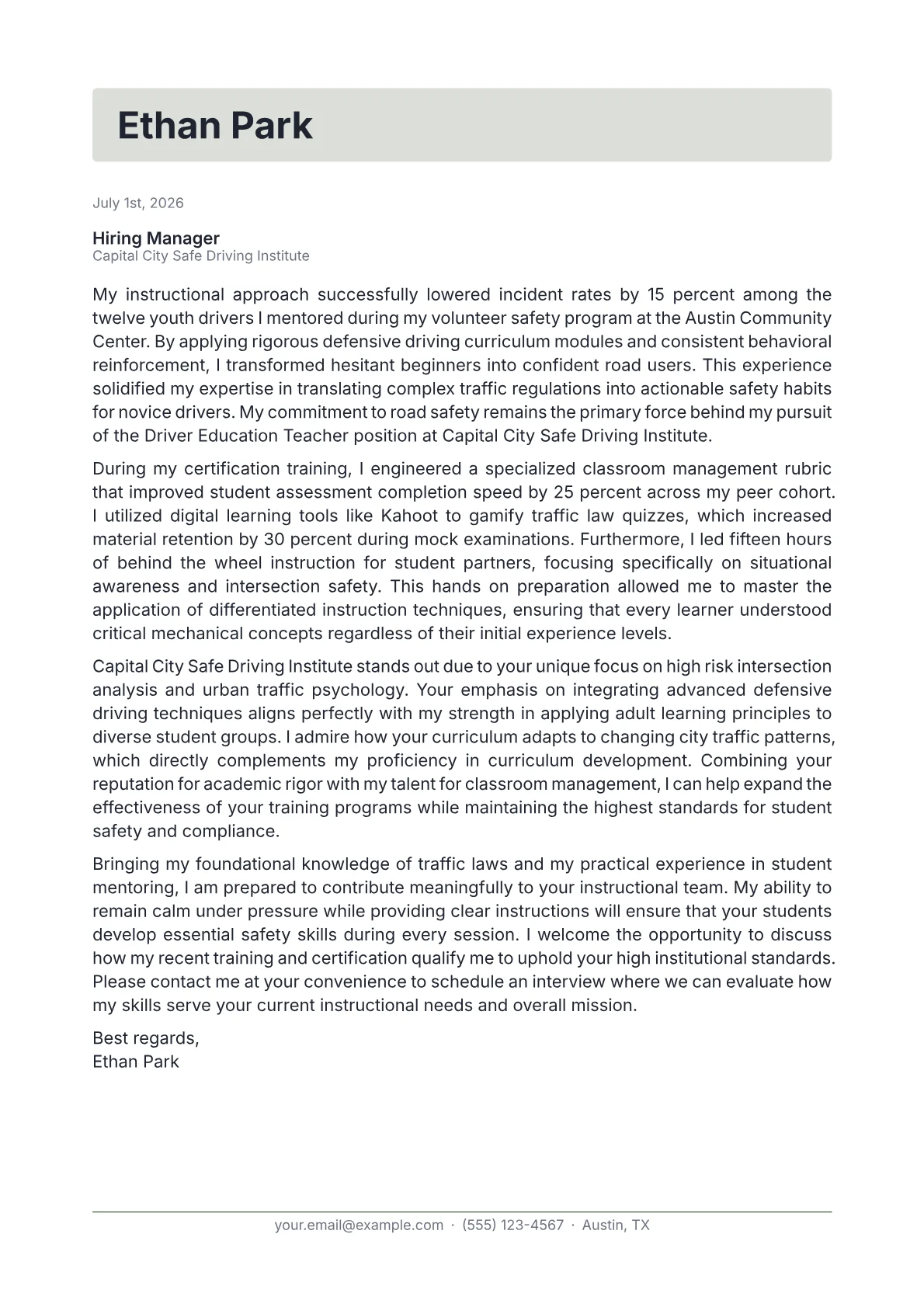 Driver Education Teacher cover letter in the Letterhead design