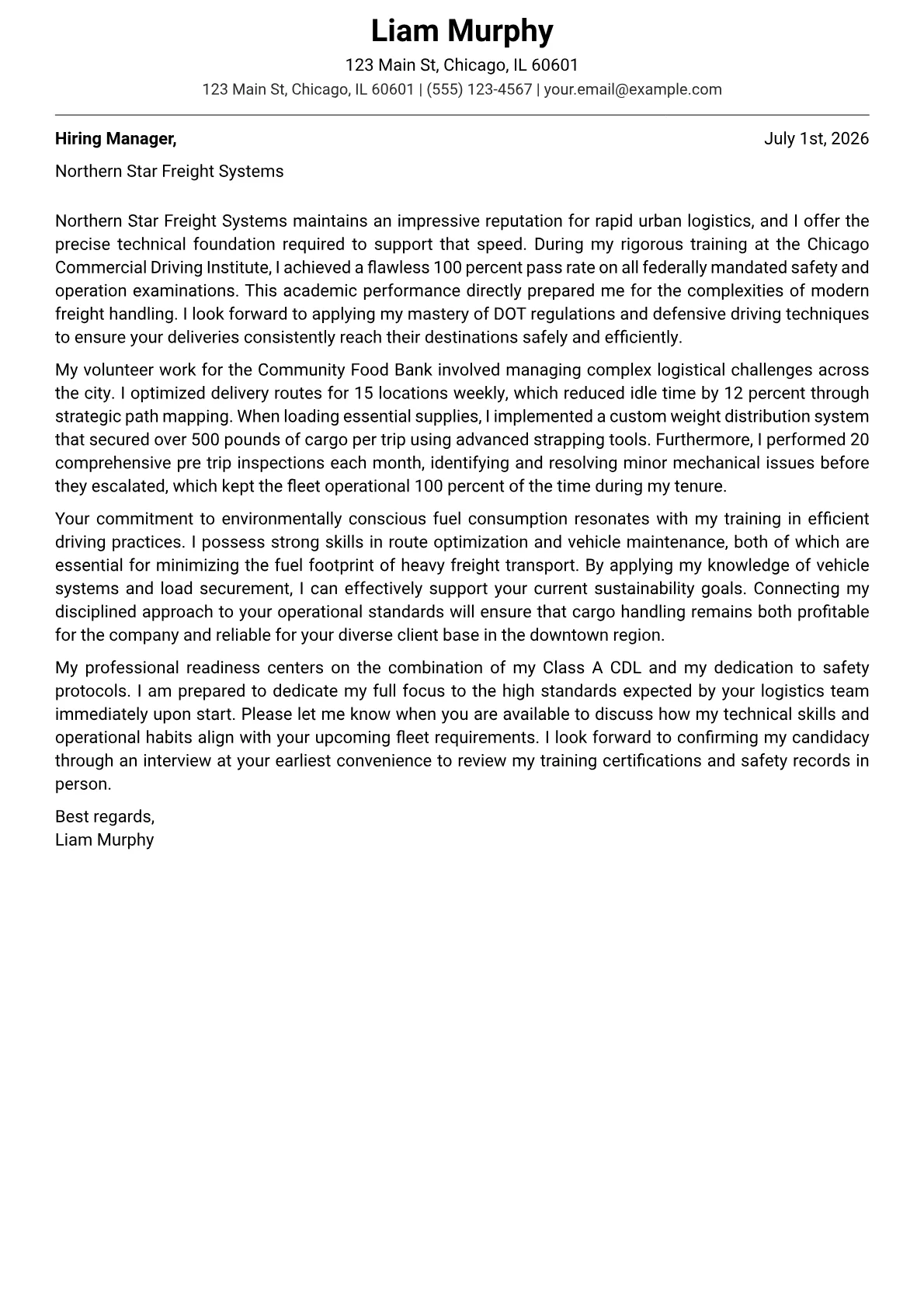 Driver cover letter in the Modern design