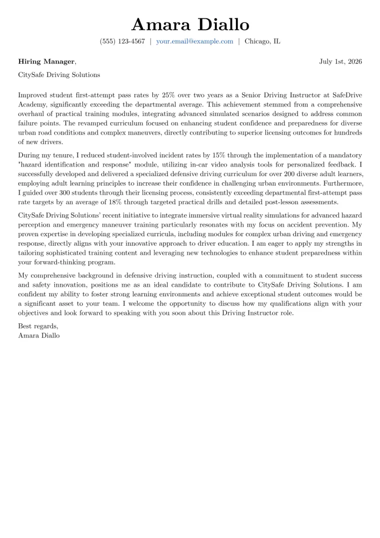 Driving Instructor cover letter example preview