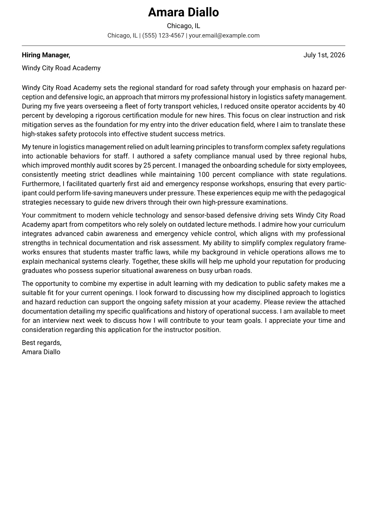 Driving Instructor cover letter in the Modern design