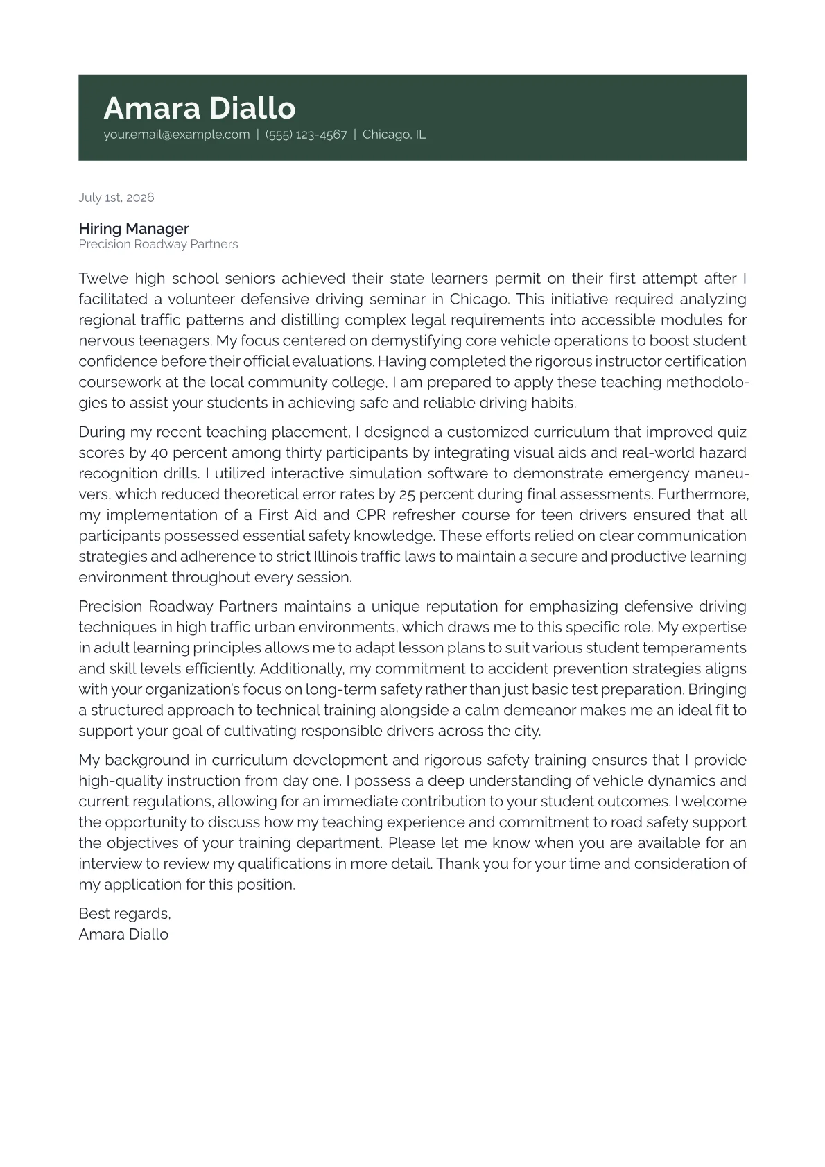 Driving Instructor cover letter in the Banner design