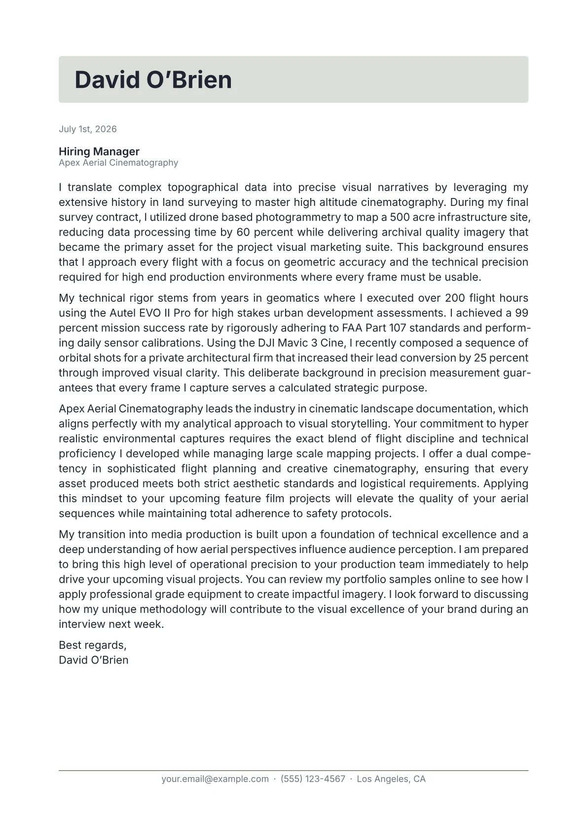 Drone Photographer cover letter in the Letterhead design