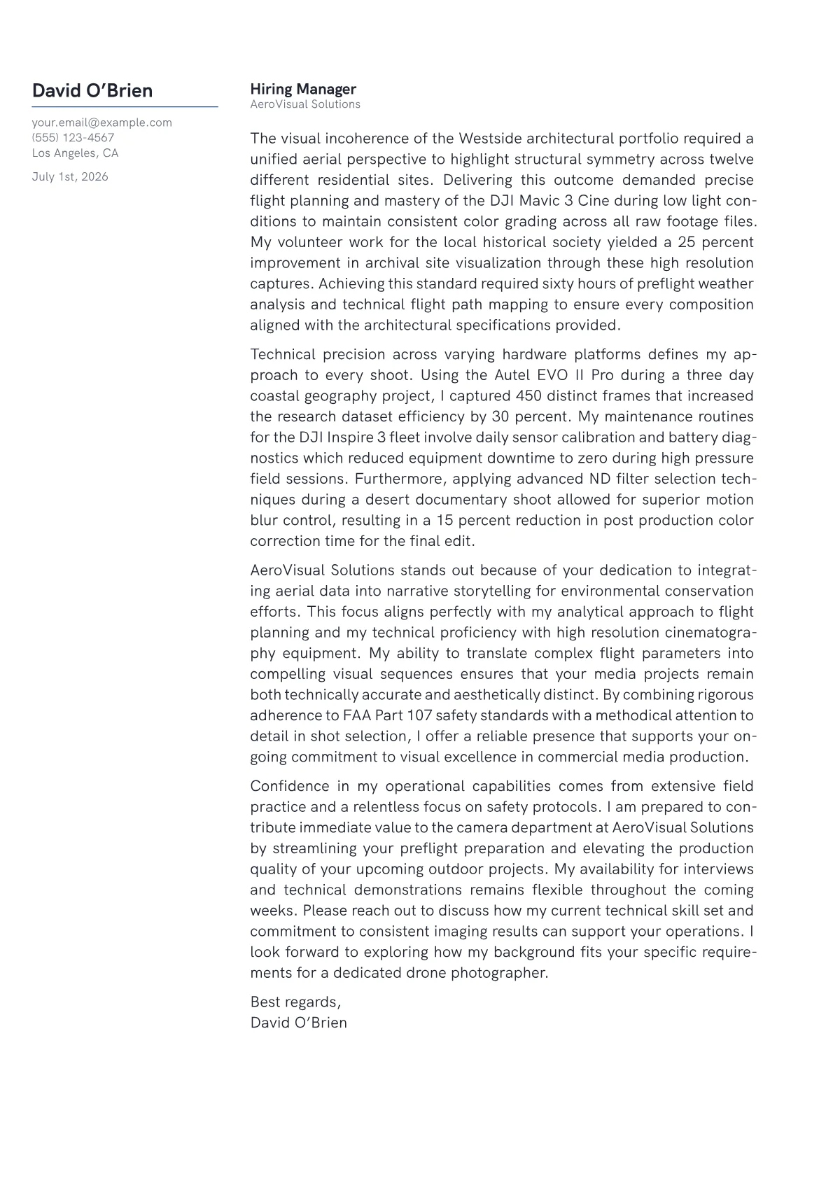 Drone Photographer cover letter in the Margin design