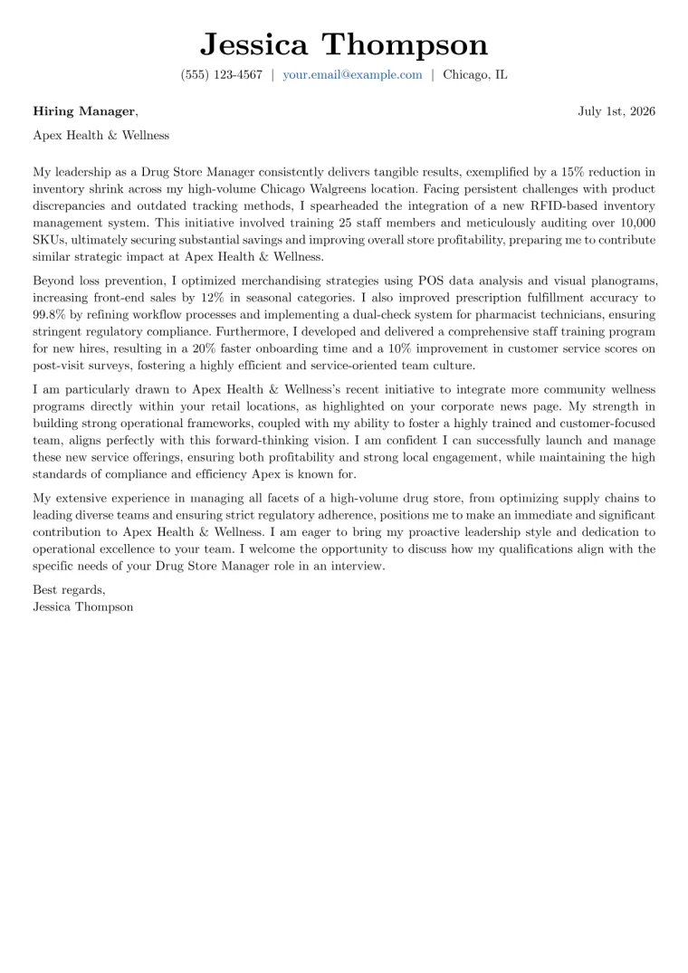 Drug Store Manager cover letter example preview