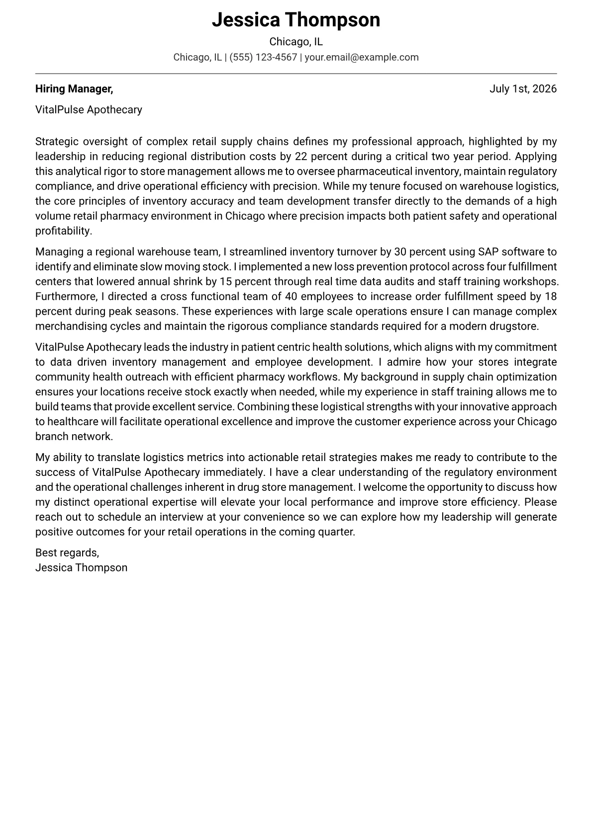 Drug Store Manager cover letter in the Modern design