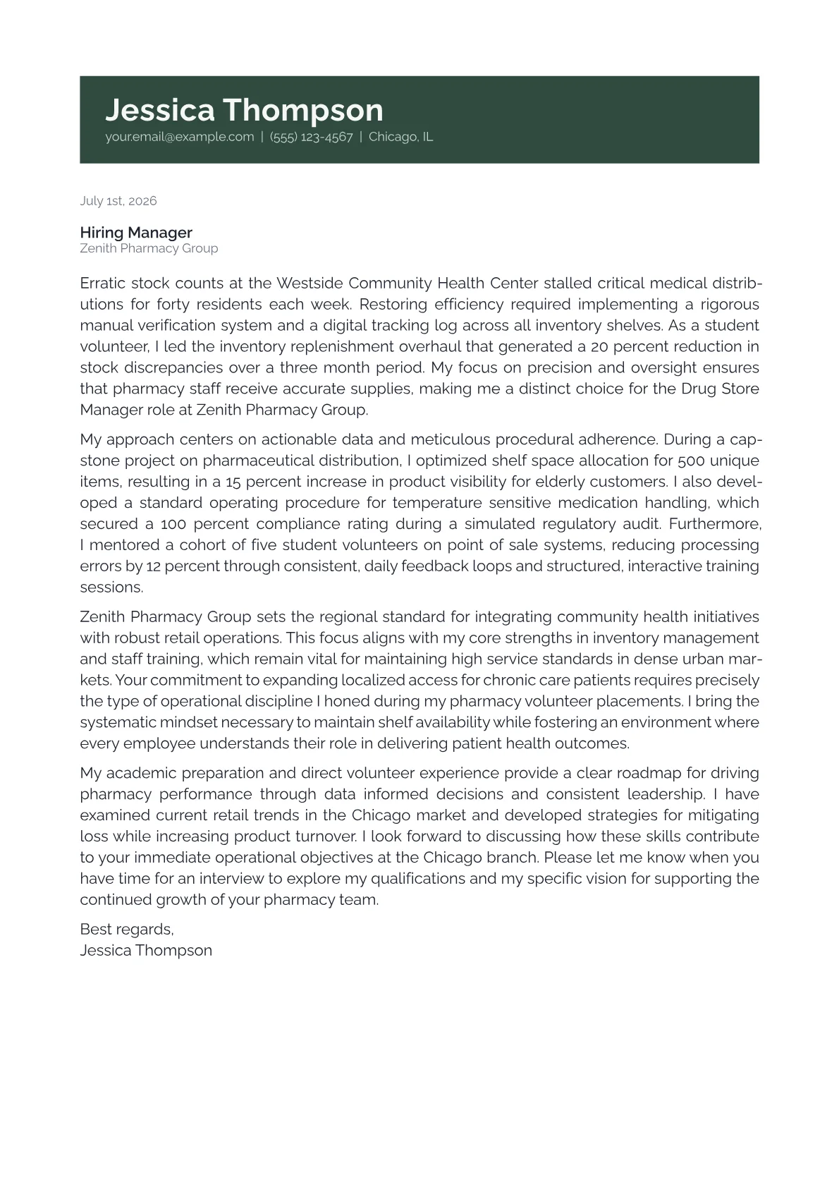 Drug Store Manager cover letter in the Banner design