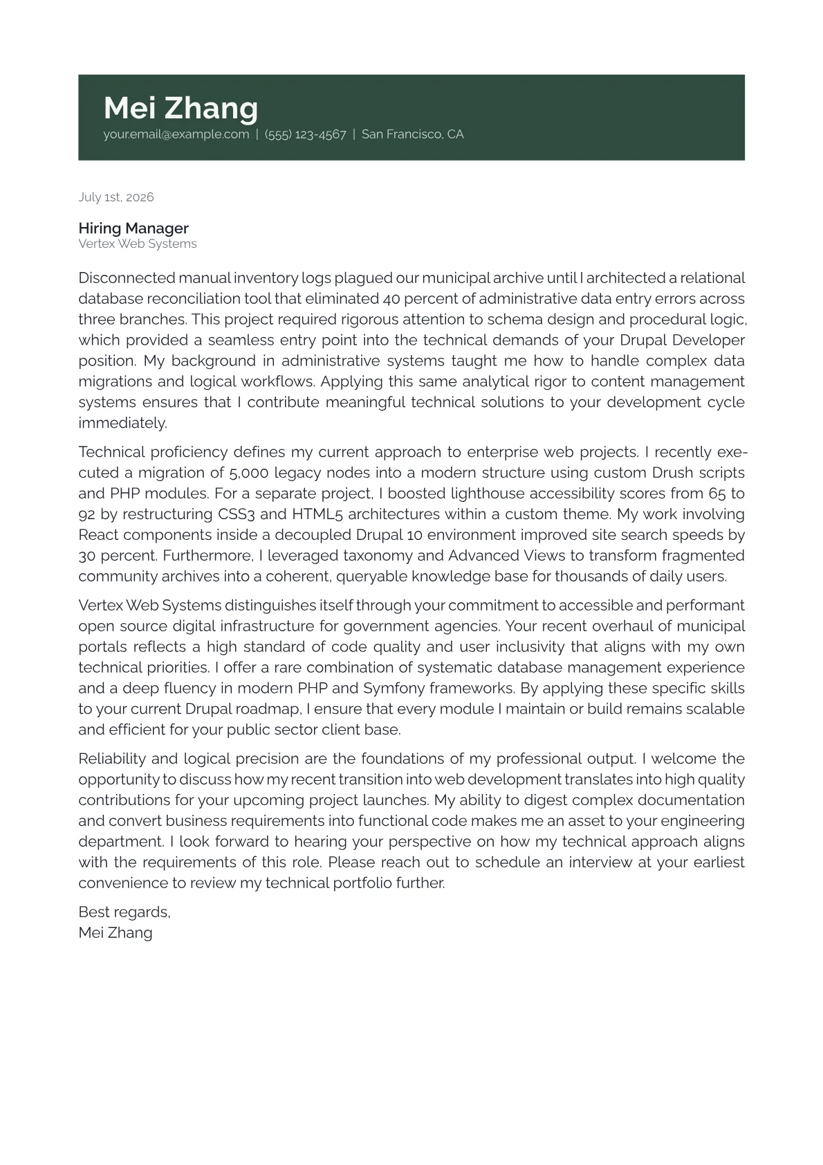 Drupal Developer cover letter in the Banner design