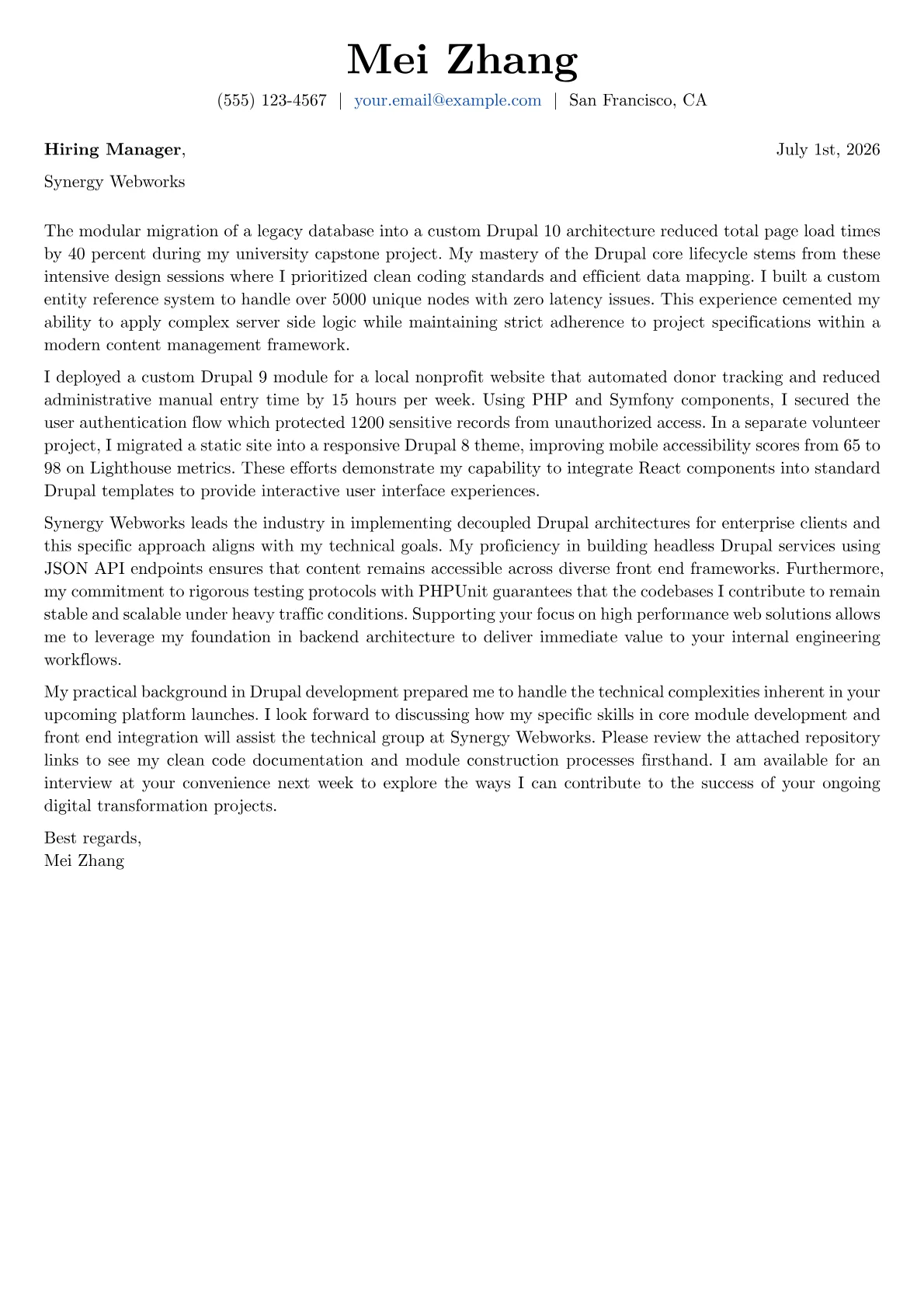Drupal Developer cover letter in the Basic design