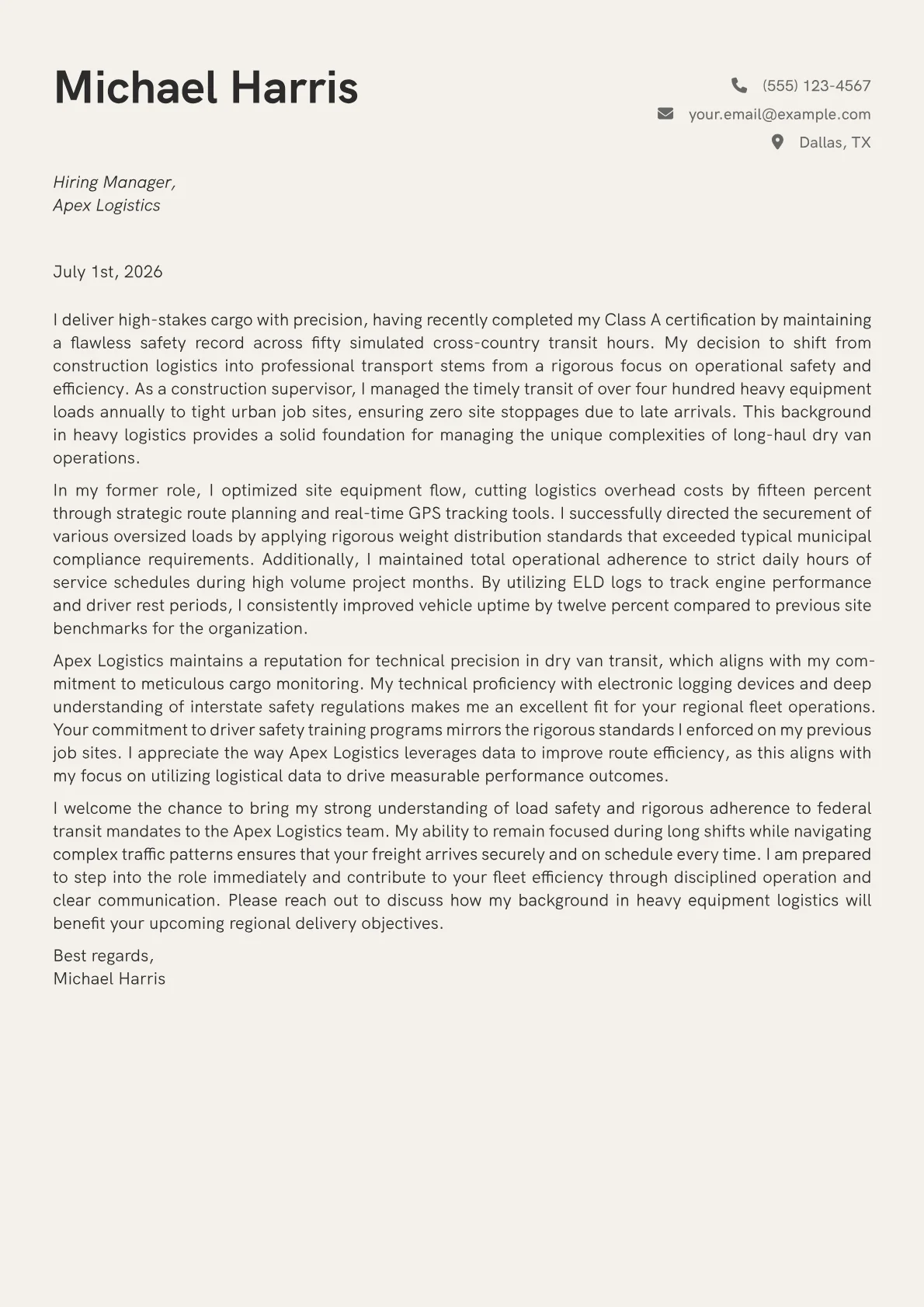 Dry Van Driver cover letter in the Creative design