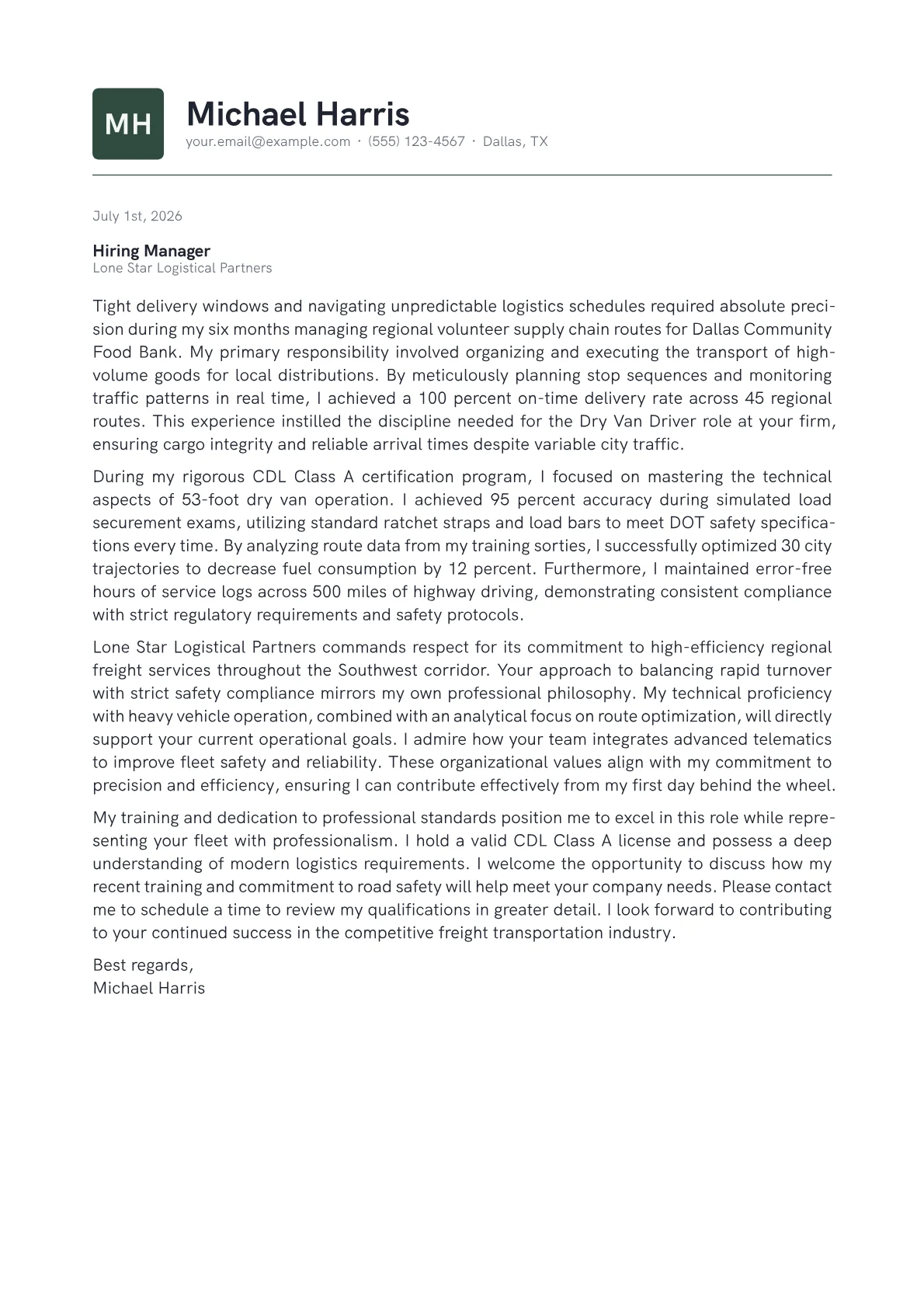 Dry Van Driver cover letter in the Emblem design