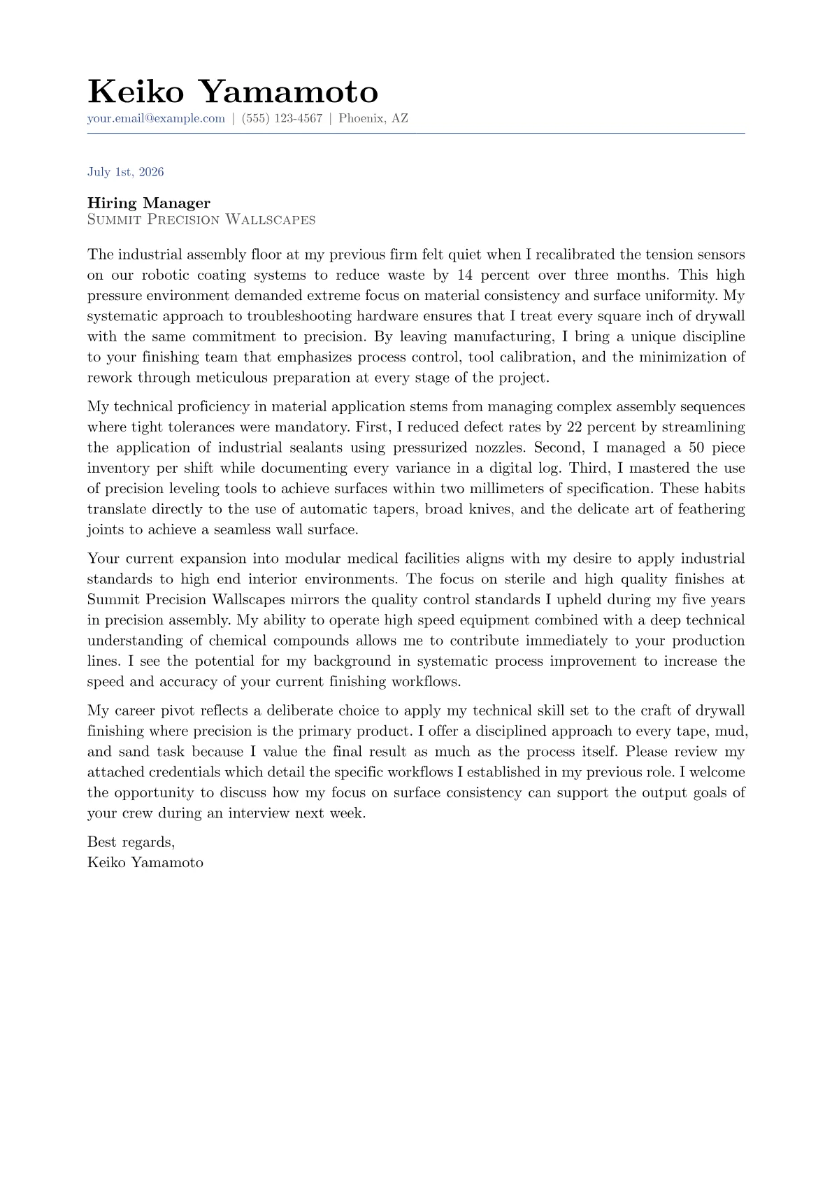 Drywall Finisher cover letter in the Classic design