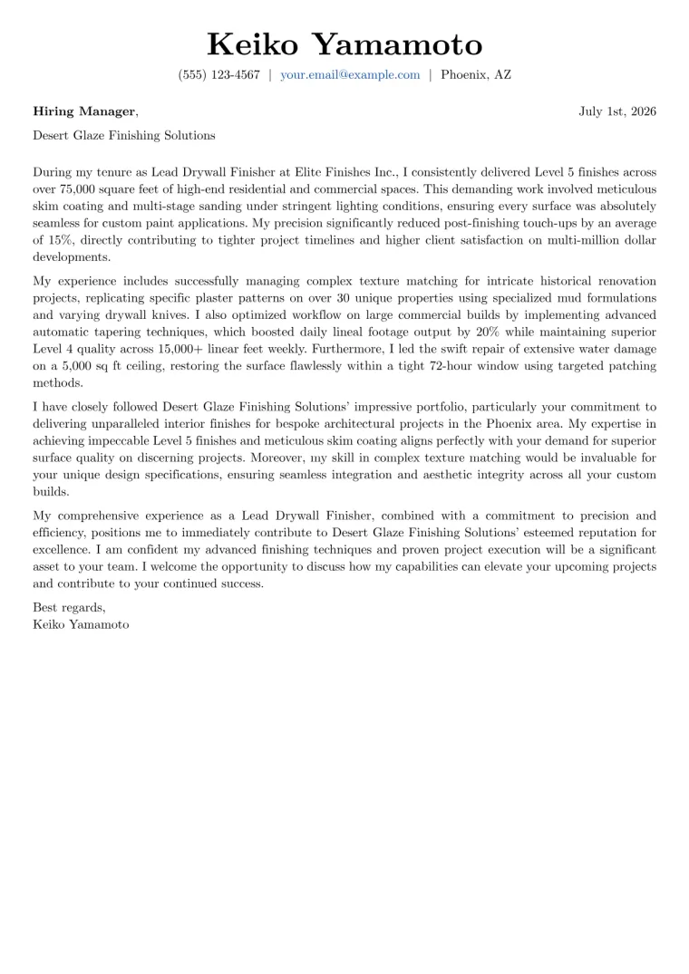 Drywall Finisher cover letter example