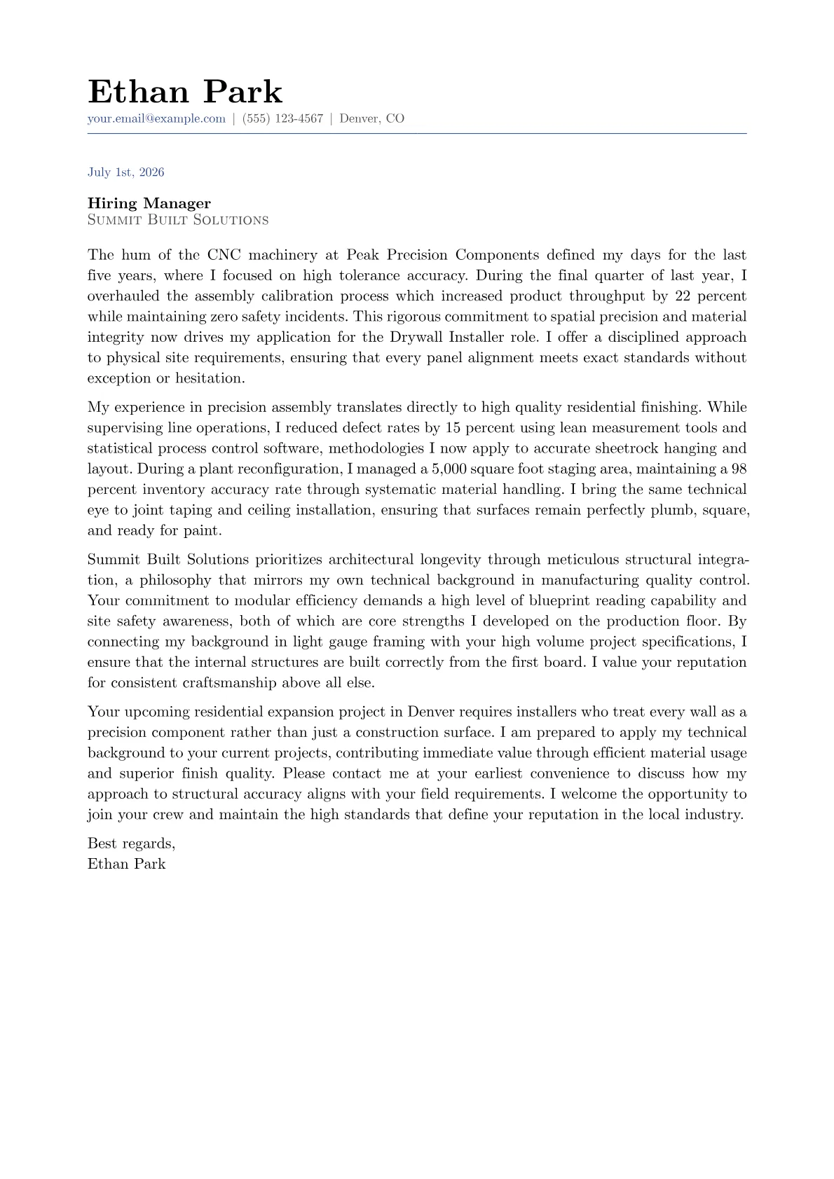 Drywall Installer cover letter in the Classic design