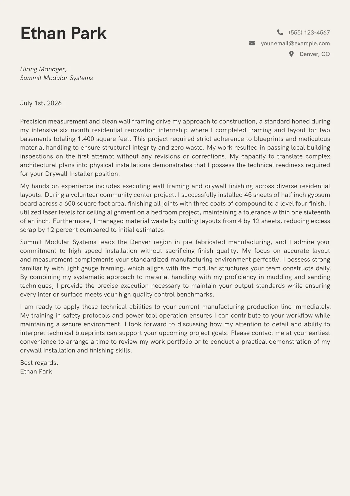 Drywall Installer cover letter in the Creative design