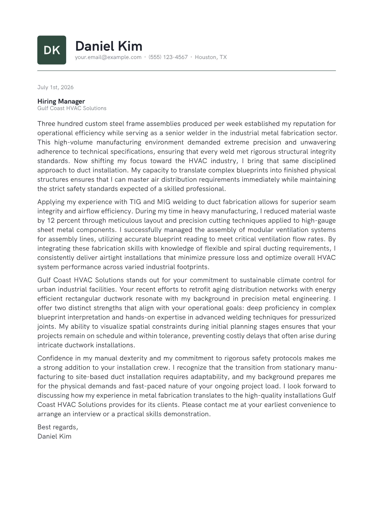 Duct Installer cover letter in the Emblem design