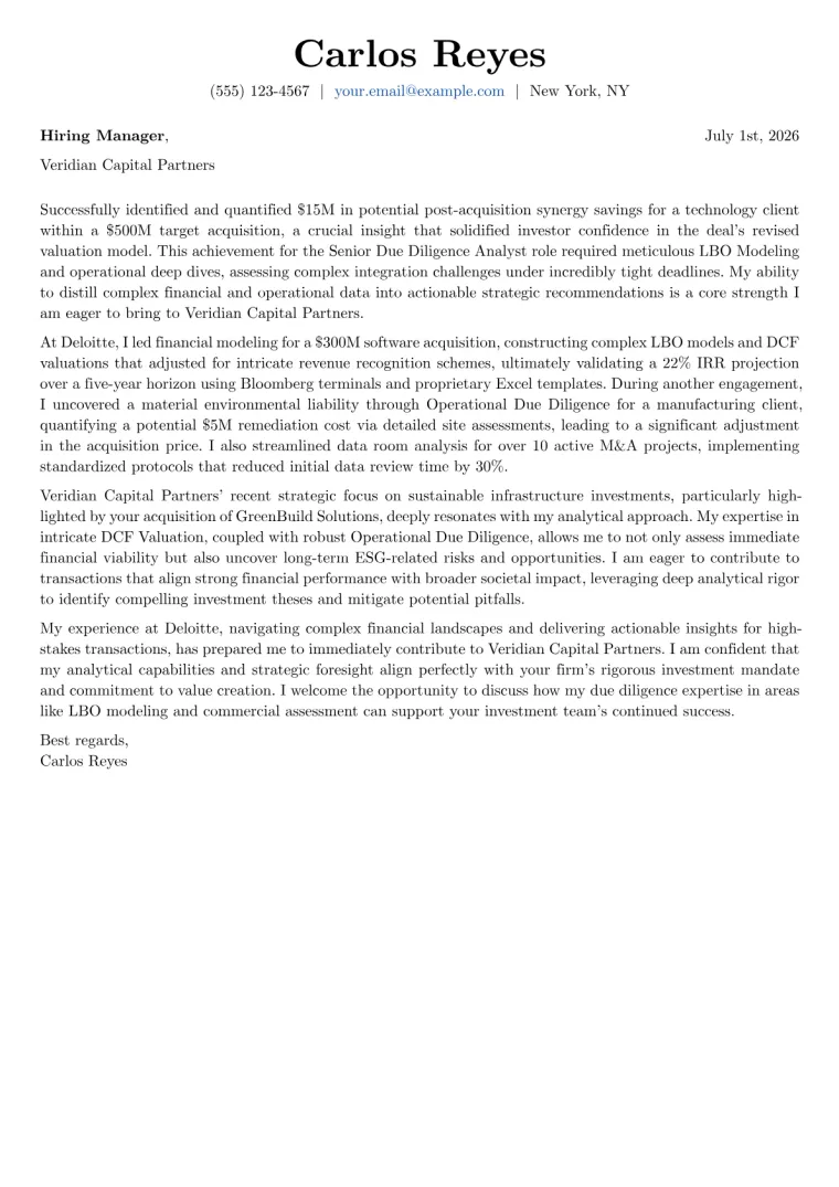 Due Diligence Analyst cover letter example