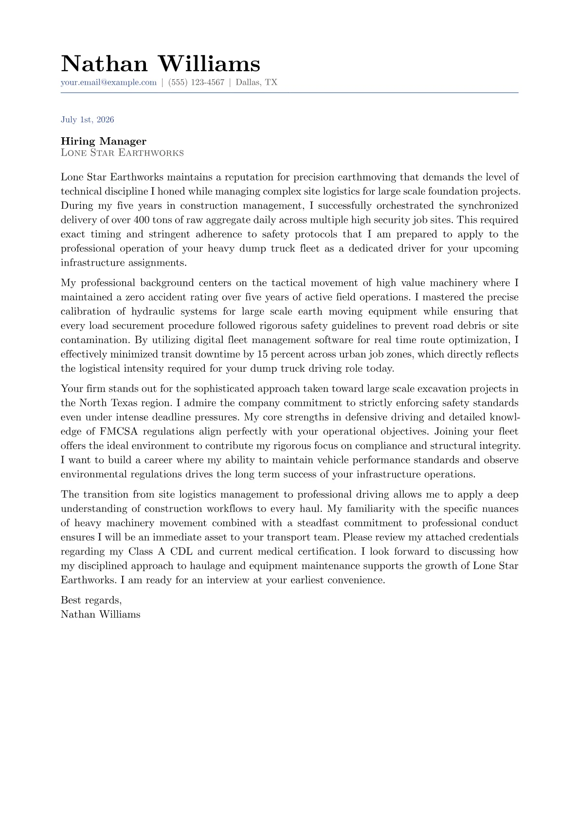 Dump Truck Driver cover letter in the Classic design