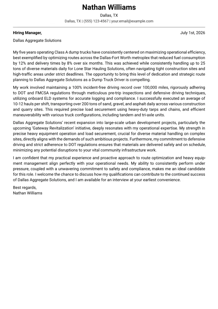 Dump Truck Driver cover letter example preview