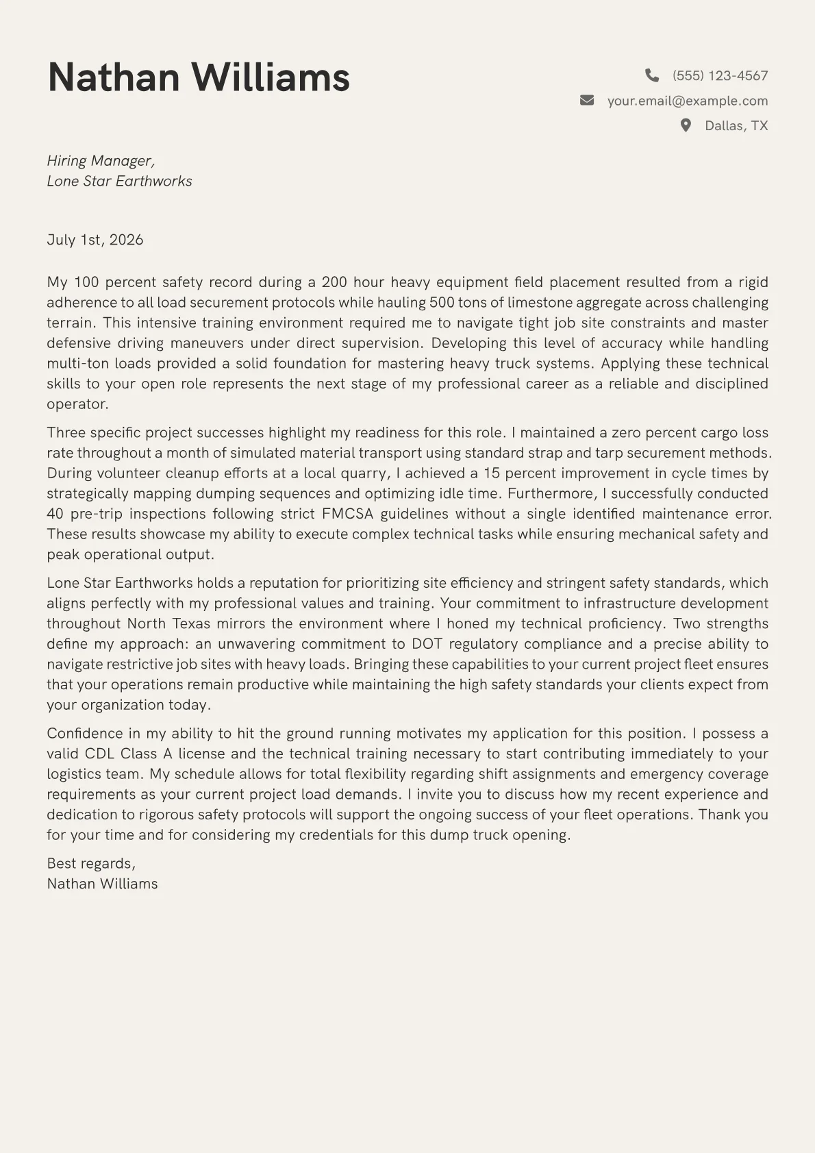 Dump Truck Driver cover letter in the Creative design