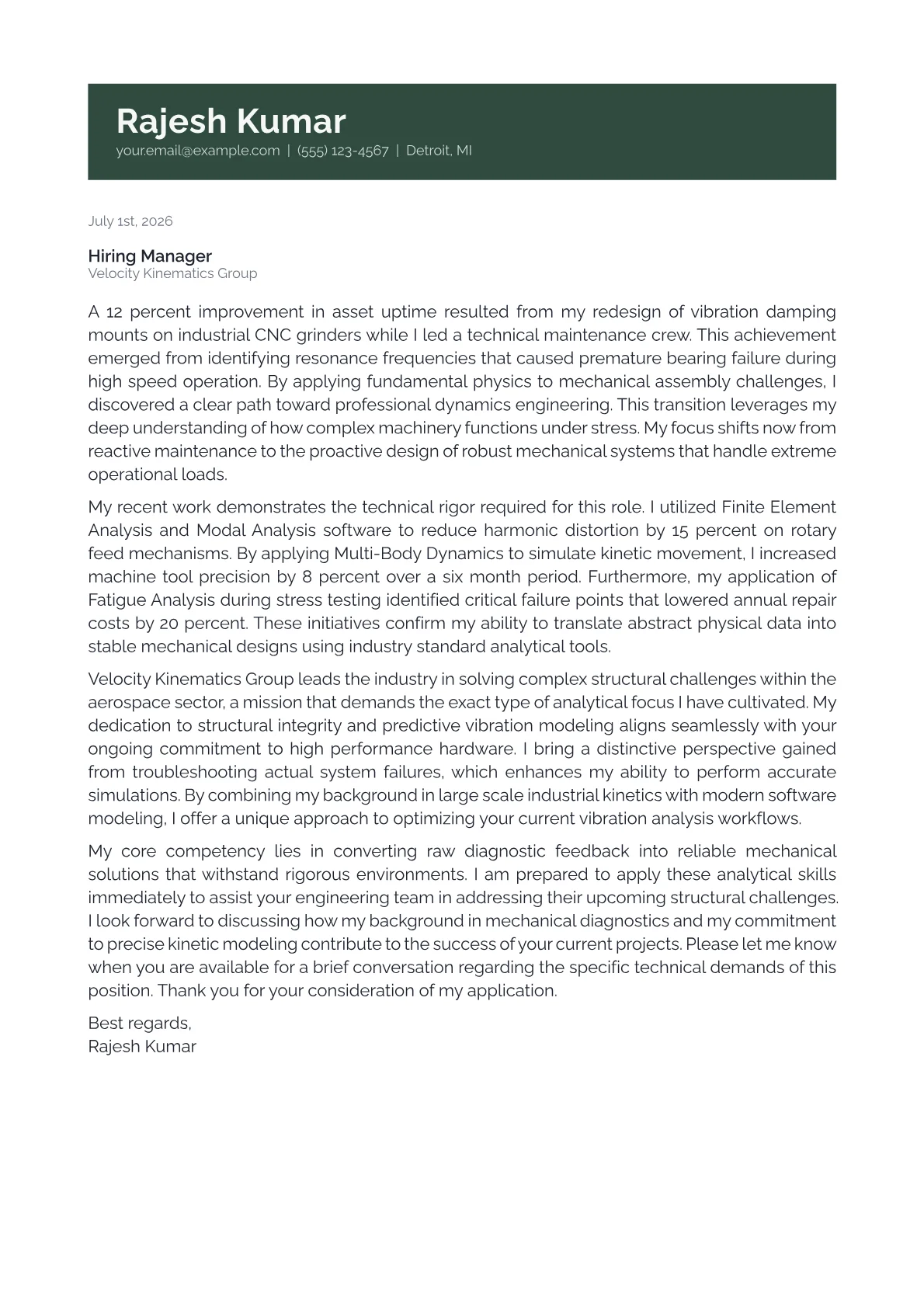 Dynamics Engineer cover letter in the Banner design