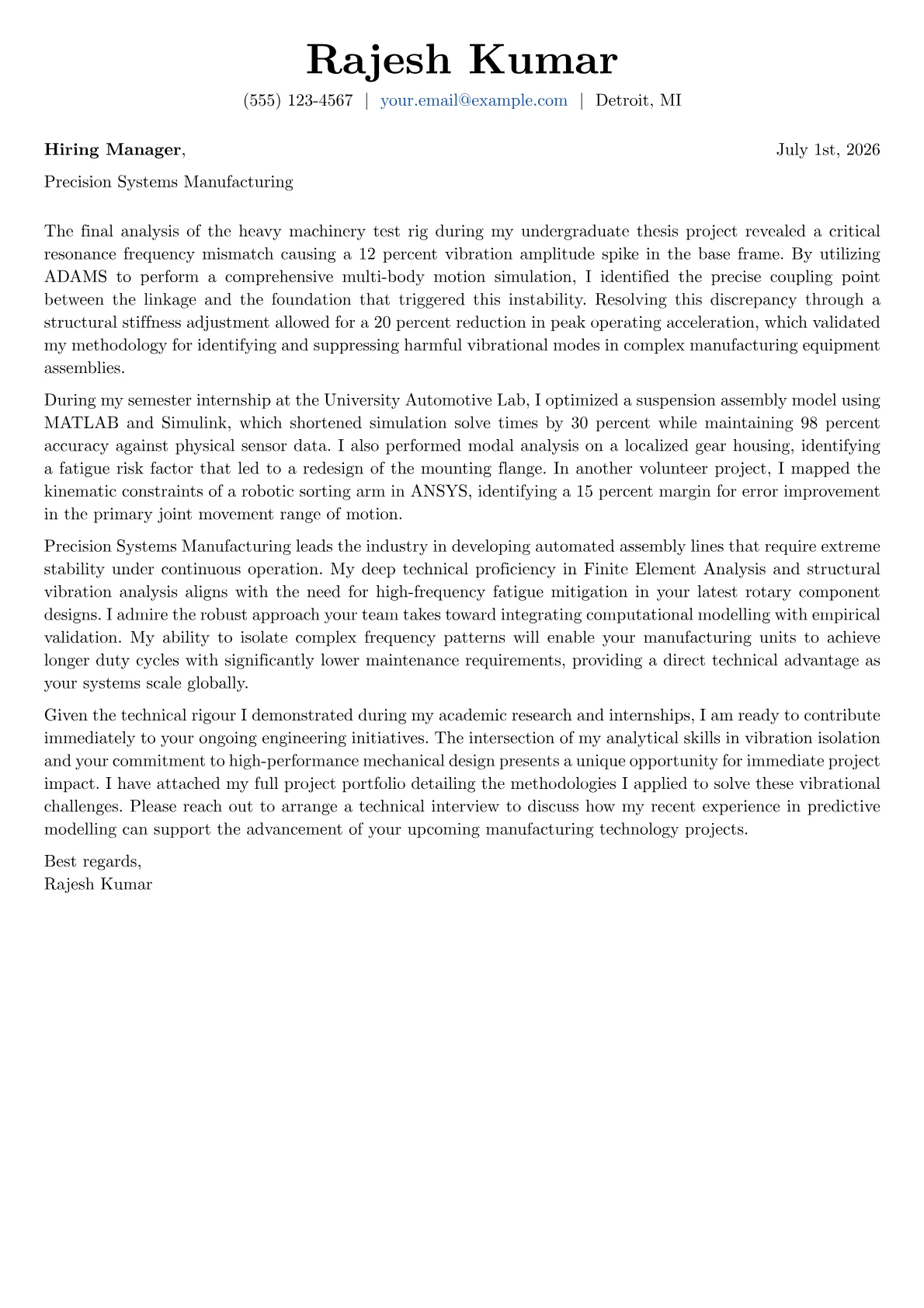 Dynamics Engineer cover letter in the Basic design
