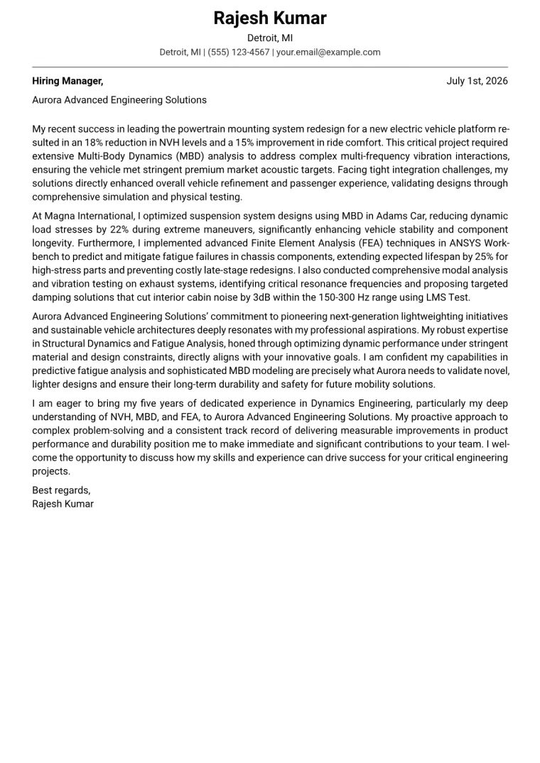 Dynamics Engineer cover letter example preview