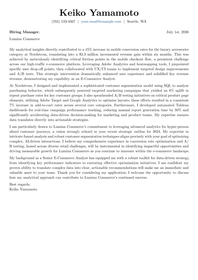 E-Commerce Analyst cover letter example preview